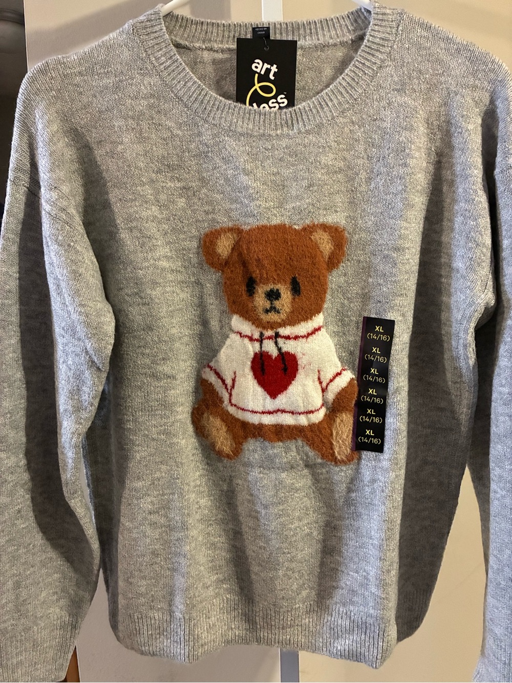 Kids Gray Teddy Bear Knit Sweater with Red Heart